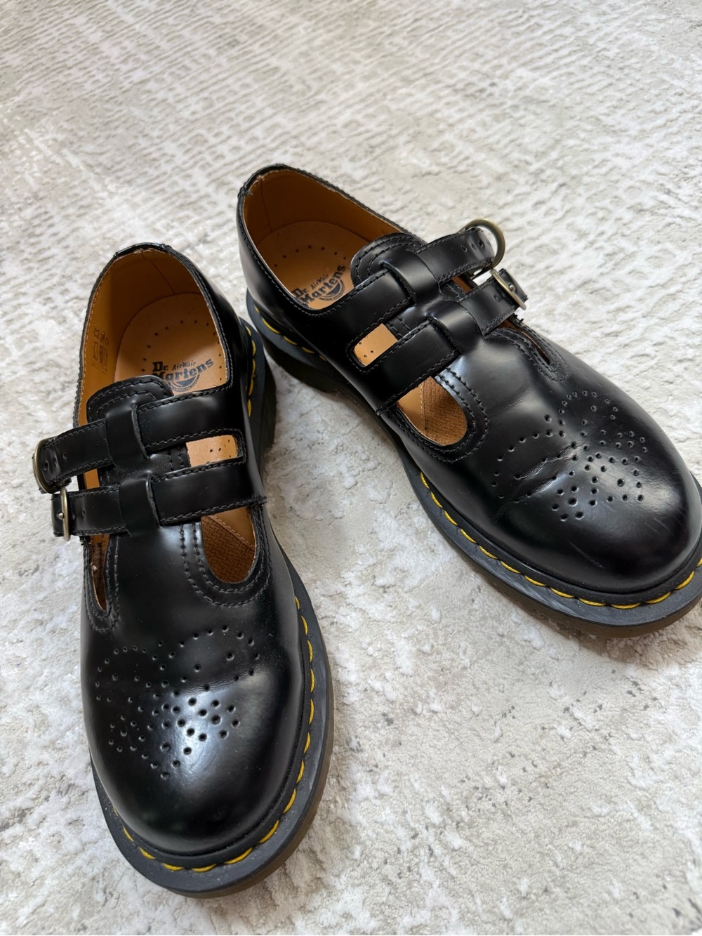 Dr. Martens Black Leather Mary Jane Shoes with Yellow Stitch